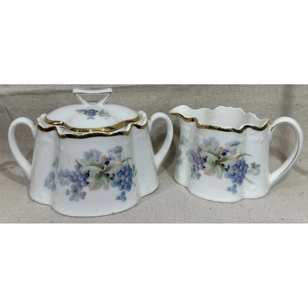 Antique ZS & Co Bavaria Porcelain Sugar Bowl and Creamer Set Gilt Grapes c. 1900
